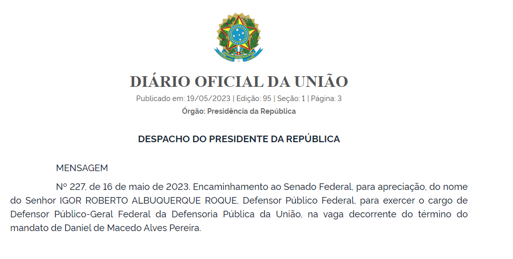 Diário Oficial da União com a indicação de Igor Roberto Albuquerque Roque. (Imagem: Reprodução/DOU)