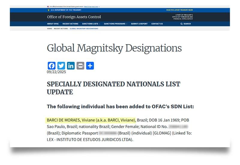 As novas sanções incluem a esposa do ministro e entidade ligada à família, ampliando os efeitos da Lei Magnitsky.  (Imagem: Reprodução/U.S. Department of the Treasury)