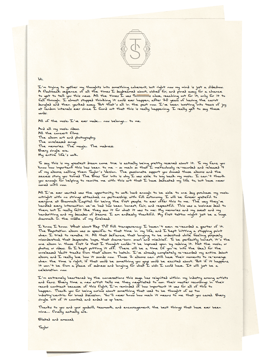 Comunicado divulgado por Taylor Swift em seu site.  (Imagem: Reprodução)