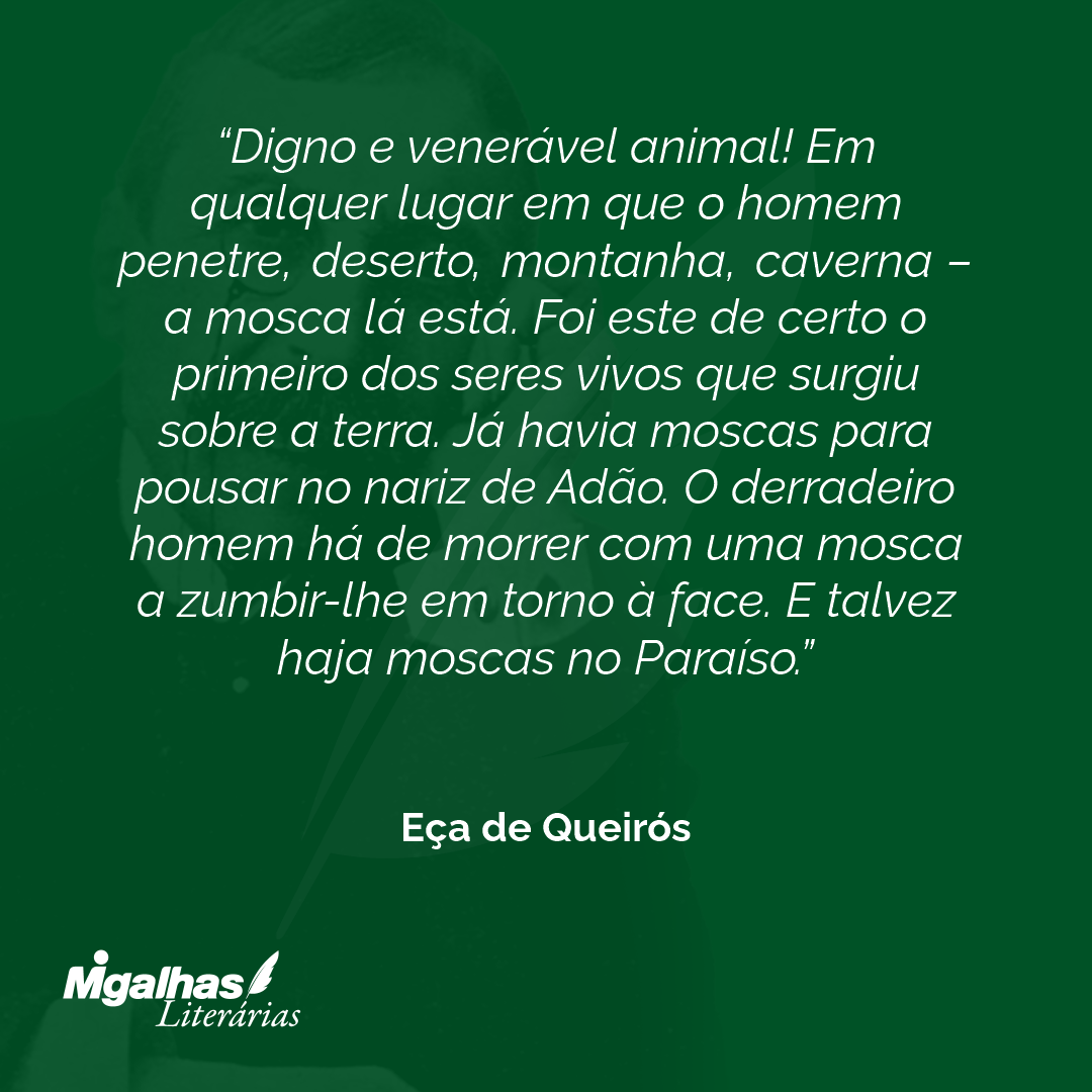 Digno e venerável animal! Em qualquer lugar em que o homem penetre, deserto, montanha, caverna - a mosca lá está. Foi este de certo o primeiro dos seres vivos que surgiu sobre a terra. Já havia moscas para pousar no nariz de Adão. O derradeiro homem há de morrer com uma mosca a zumbir-lhe em torno à face. E talvez haja moscas no Paraíso.
